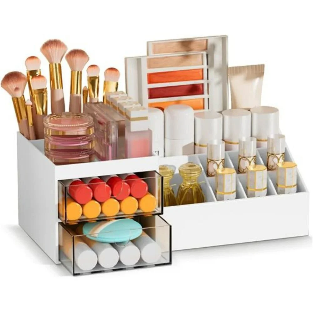 White makeup organizer with drawers countertop storage for vanity bathroom